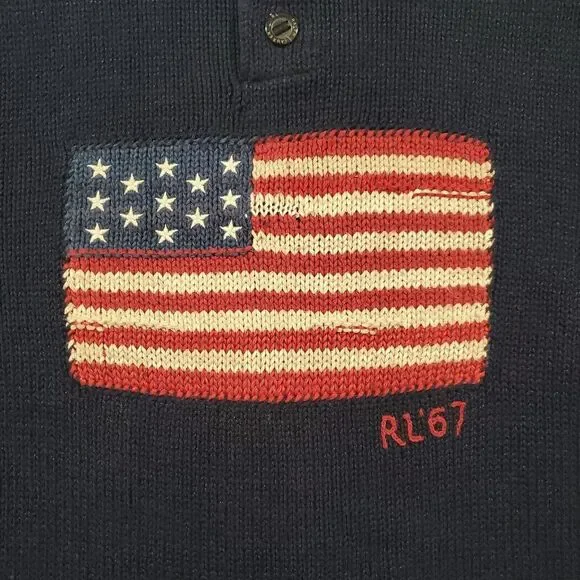 Polo Ralph Lauren Vintage American Flag Sweater Size XXL Cotton Linen Shawl Neck